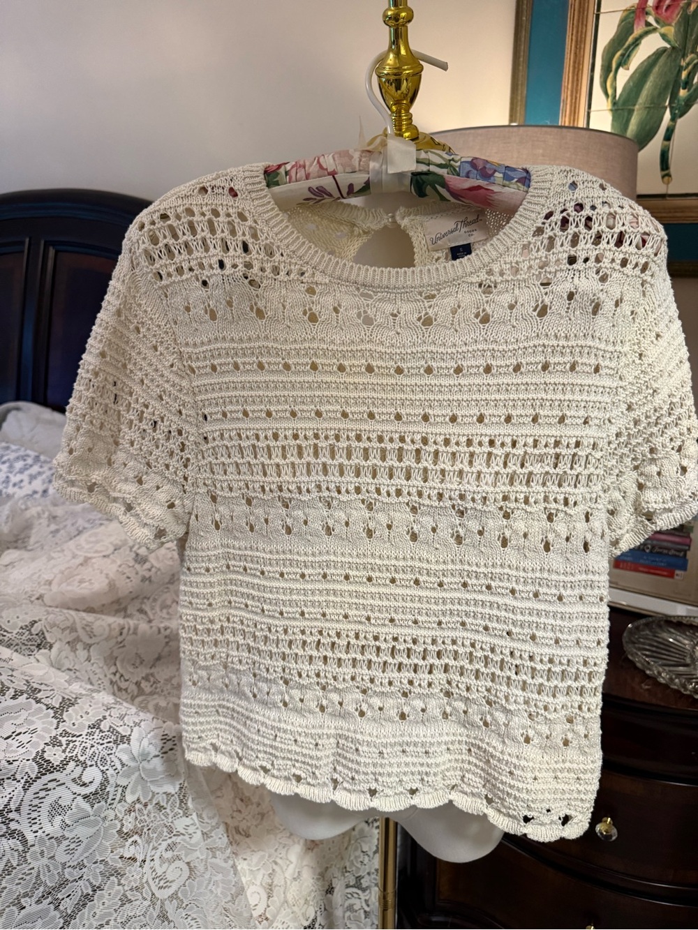 Universal Thread Cream Openwork Crochet Short Sleeve Pullover